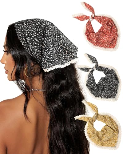 AWAYTR 3Pcs Hair Bandanas Head Kerchief for Women Girls Tie-Back Boho Hair Scarf Headband Bandana Triangle Head Scarf - color: Floral - Red / Black / Yellow