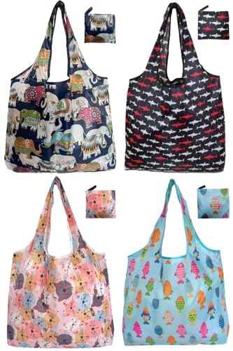 Reusable Grocery bags, 4 Pack - Lightweight And Compact, Grocery Totes Animal Printed, Machine Washable And Durable, Ideal For Groceries, Travel, And Daily Use - color: Cartoon Fish 4 Pack
