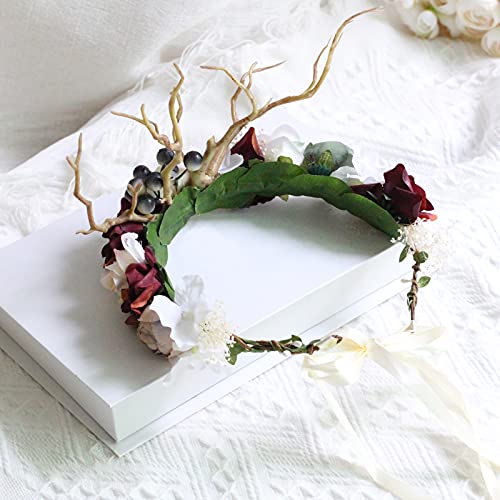 Vivivalue Deer Flower Crown Women Flower Headband Hair Wreath Floral Headpiece Halo Boho with Ribbon Wedding Party Prom Photos - color: Z
