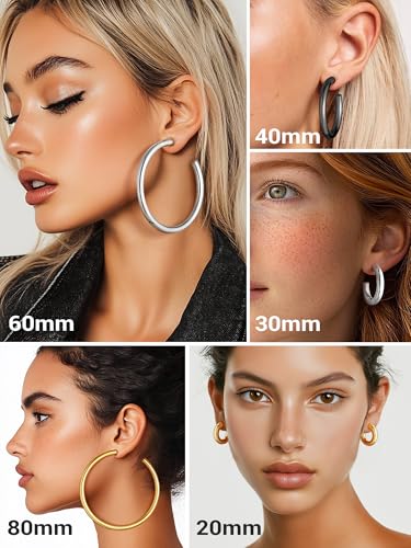 Stainless Steel Chunky Hoop Earrings For Women, Minimalist and Chic, Black/Gold Plated, Round Hoops Earrings Hypoallergenic, Size: 30mm/40mm/60mm/80mm, Come with Box - color: 2. Black, size: 40MM