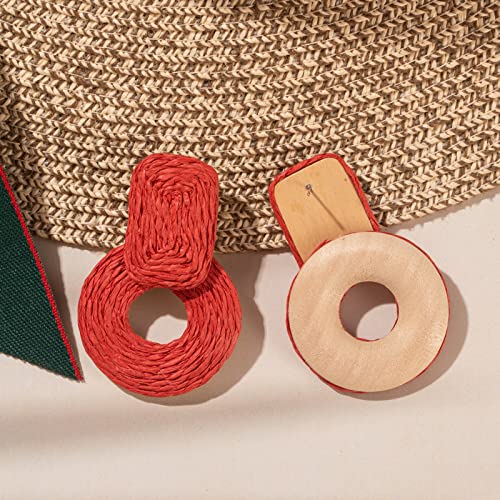 Statement Raffia Earrings Cute Boho Earrings Rattan Dangle Earrings Handmade Straw Wrap Earrings Summer Drop Dangling Earrings for Women Teen Girls - color: Red