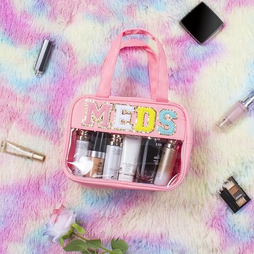 BuyCard Chenille Letter Clear Medicine Makeup Bag for Travel, Preppy Patch Nylon Cosmetic Meds Pouch with Handles and Zipper, Waterproof Large Travel Toiletry Bag Storage Case for Women Pink - color: Pink-MEDS