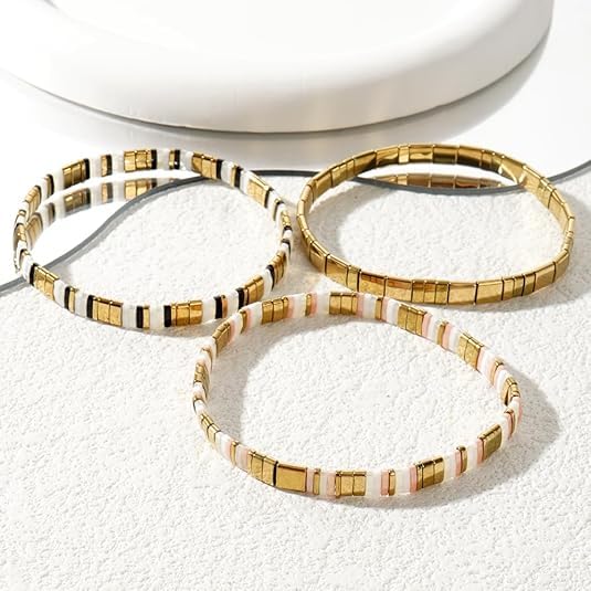 Tila Flat Square Stack Beaded Bracelets Set for Women Men, Boho 3Pcs Romantic Handmade Healing Gold Colorful Stretch Accessories Jewelry, Daily Vacation Party Holiday Friendship Gift - color: Gold White