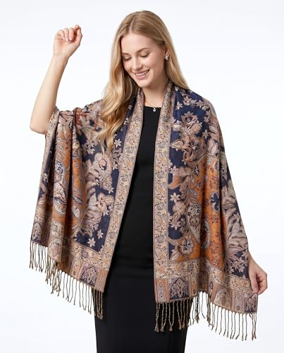 Achillea Elegant Paisley Floral Pashmina Shawl and Wrap – Boho Rave Scarf for Festival, Travel & Everyday Wear - color: Navy Amber Gold