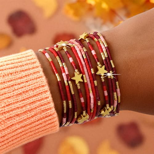 Dainty Gold Beaded Star Bracelets Stack for Women,Handmade Boho Colorful Beads Bracelet Fashion Prom Holiday Jewelry Gift Friendship Family - color: Red
