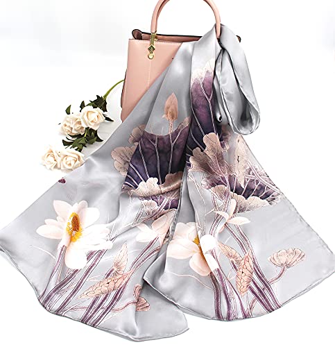 ANDANTINO 100% Silk Long Scarf-Women Large Oblong Shawls with Gift Packed - color: Lotus Pond-light Grey