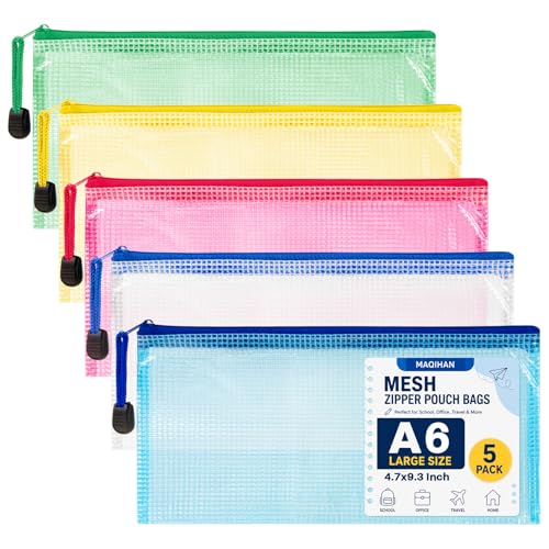 Mesh Zipper Pouch Bags - 5Pack A6 Waterproof Small Zipper Bags 4.7x9.3 Inch Clear Mesh Storage Pouches Assorted Colors for Home, Office, Travel, Receipts, Puzzles, Cosmetic - size: 4.7 x 9.3 Inch