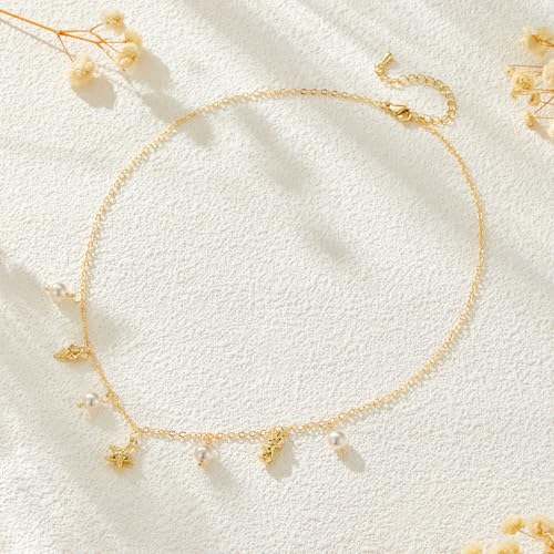 Seashell Starfish Necklace for Women Conch Shell Summer Pearl Beach 14k Gold Layered Dainty Choker - style: Conch Pearl