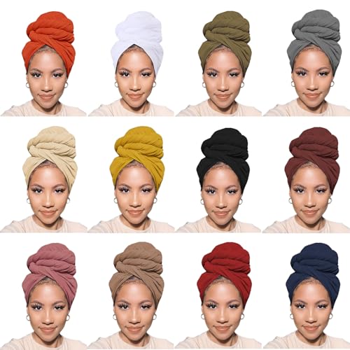 Head Wraps for Black Women African Head Wrap Lightweight for Women Long Plain Turban Hair Scarf Scarves - color: 12 Pcs-black, Orange, White, Army Green, Dark Grey, Beige, Ginger Yellow, Coffee, Dark Pink, Camel, Wine Red, Navy Blue