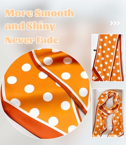 kcctoo 59" Mulberry Silk Like Head Scarf Women's Fashion Square Neck Satin Scarfs for Bag Hair Scarves Gift 59 * 5.9” - color: A001-orange White Spots /59"x5.9"