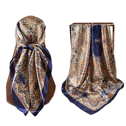 35” Satin Large Square Head Scarves-Like Silk Satin Scarf for Hair Wrapping at Night Bandana Square Scarf for Sleeping - color: Symmetrical Cashew Nuts-navy Blue