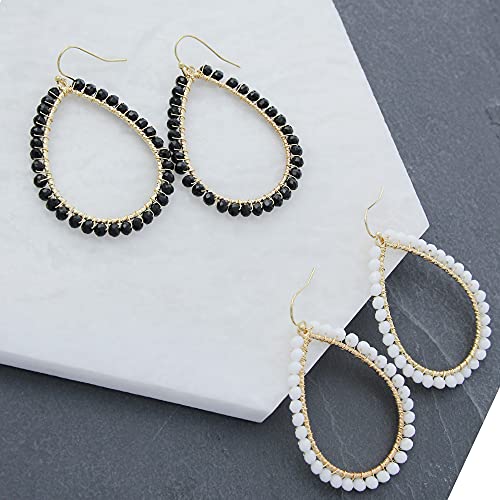 Bohemian Boho Teardrop Dangle Drop Earrings for Women – Delicate - Handcrafted Wire Wrapped Colorful Faceted Glass Beads – Gold Plated – with Gift Box Included - color: Jet Black