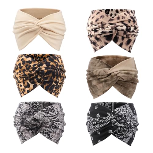 DRESHOW 6 Pack Extra Wide Headbands for Women Large Turban Headband Boho Head Wrap Elastic Hairbands Hair Twisted Knot Hair Accessories - color: 6 Pack Knotted: Solid Color + Patterned