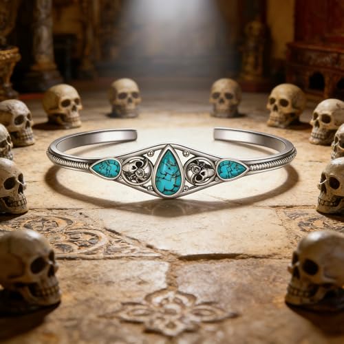 Genuine Turquoise Bracelet Cuff Bracelet for Women Mom 925 Sterling Silver Natural Turquoise Bangles Vintage Bracelet Boho Jewelry for Birthday Christmas Mother's Day Valentine's Day - style: Skull