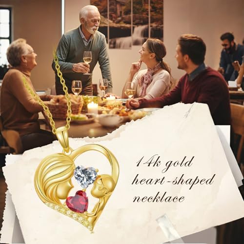 Mothers Day Gifts 14K Yellow Gold Mother Daughter Heart Pendant Necklace with 12 Months Birthstone Birthday Gifts for Mom Anniversarry Jewelry for Mom Wife Girlfriend - color: 01-04-Jan-Apr Birthstone
