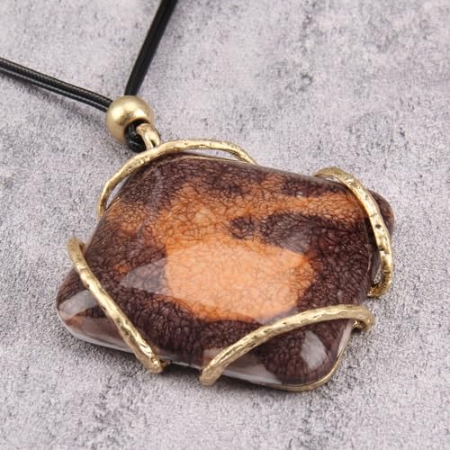 GelConnie Leather Necklace for Women Large Pendant Long Brown Necklace Circle Leather Choker Vintage Sweater Necklace Gold Chunky Boho Necklaces for Women - style: Brown Square Stone Necklace