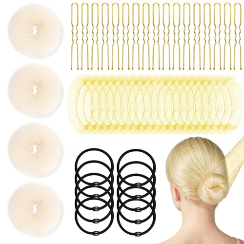 YINGFENG 134 Pcs Beige Hair Bun Maker Kit for Kids Small - 4 Hair Donuts for Buns, 20 Hair Nets for Buns, 100 U Shaped Bobby Pins, 10 Hair Bands, for Girls, Ballet Dance, Hair Accessories for Women - color: beige, size: Small