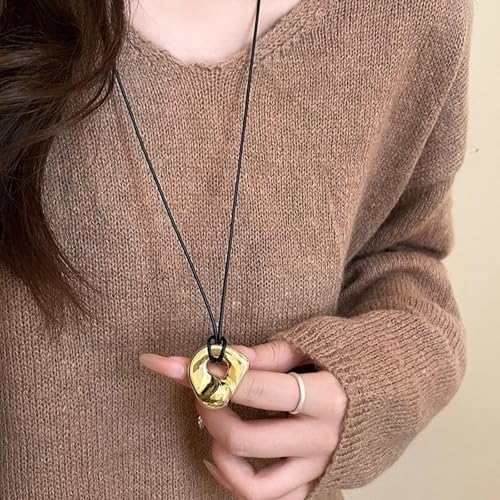 Black Cord Necklace with Gold Circle Pendant Chunky Leather Cord Necklace Large Round Pendant Statement Necklace Long Boho Jewelry Western Outfit for Women - color: B4