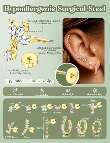 ORAZIO 16 Gauge Cartilage Earrings for Women Flat Back Hypoallergenic Surgical Steel Small Flatback Stud Hoop Cartilage Earring Stack Set Daith Conch Tragus Helix Piercing Jewelry Single PC - color: 14K Gold Plated +Purple CZ