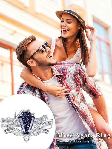 Natural Moss Agate Ring for Women 925 Sterling Silver Pear/Oval/Kite/Heart/Hexagon/Emerald/Coffin Cut Green Leaf Moss Agate Engagement Ring Promise Bridal Set Anniversary Birthday Jewelry Gifts - color: Coffin Cut Blue Sandstone