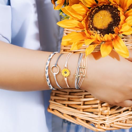 Sunflower Friendship Bracelets Boho Stackable String Bracelets Cute Trendy Gifts for Teen Girls Women - color: Grey Khaki