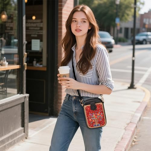 Women's Small Crossbody Cell Phone Bag, Boho Colorful Beaded Purse Wallet with Handmade Cute Patterns - color: Tree-red