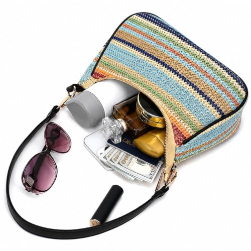 Straw Shoulder Bag for Women – Summer Woven Colorful Stripe Purse - color: Multicolor Straw