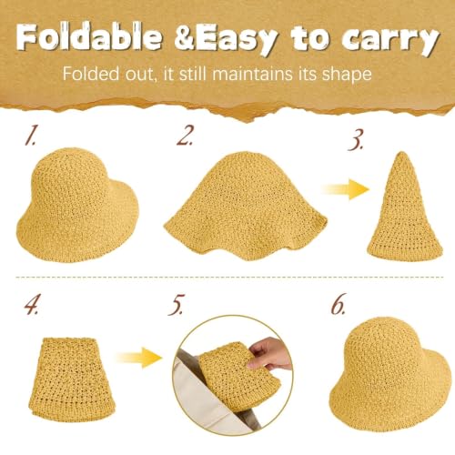 Sun Hat for Women Beach Hat Straw Bucket Hat Summer UV Protection, Packable Breathable Crochet Style - color: 1pack-sunset Yellow