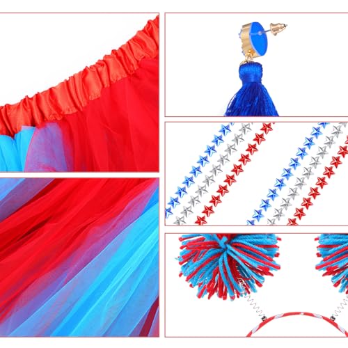 Hicarer 6 Pcs 4th of July Tutu Set Women Red White and Blue Accessories 250th Tutu Patriotic Costume Independence Day Favors - color: Red and Blue