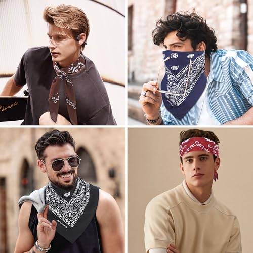 Mochabao 100% Cotton 27" x 27" Large Bandanas for Men & Women, Multi-Purpose Bandana Headbands, Square Head Scarf - color: Red/Black/Navy Blue/Brown