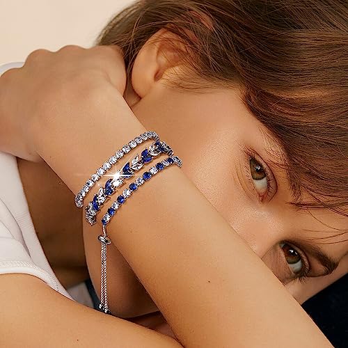GEMOSA 3 Pcs Tennis Bracelet Set 14K Gold Plated Marquise Cubic Zirconia CZ Diamond Dainty Adjustable Silver Bracelets for Women Brides Stackable Fashion Jewelry Wedding Prom Gift - color: Silver-Bule CZ