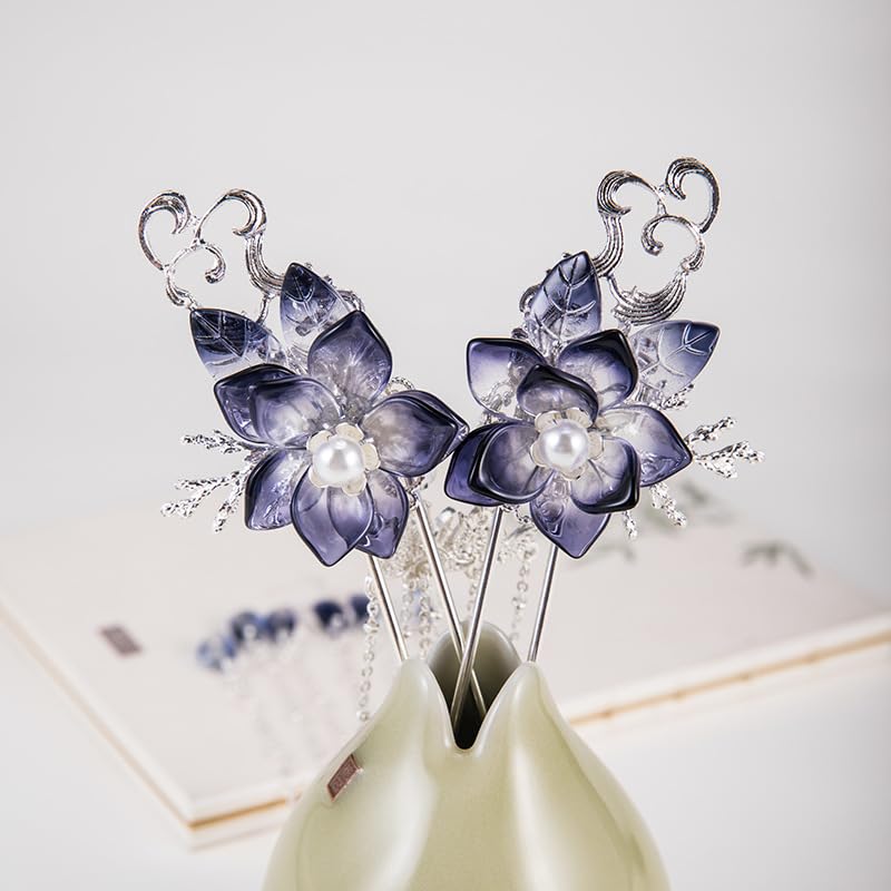 Deep Purple Camellia Flower with Pearl Tassels Hairpin Chinese Hanfu Handmade Hair Clip Hair Accessories for Women Girls Long Hair (Deep Blue Purple Camellia) - color: Deep Blue Camellia