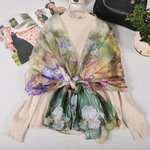 100% Mulberry Silk Women's Neck Silk Scarf-Lightweight Shawl,FLoral Print Beach Silk Wrap-Scarves for Photography - color: Purple Iris