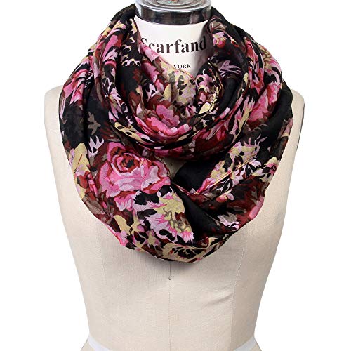 Scarfand's Romantic Rose Prints & Floral Patterns Lightweight Infinity Fashion Scarves Wraps - color: Bouquet Rose Black