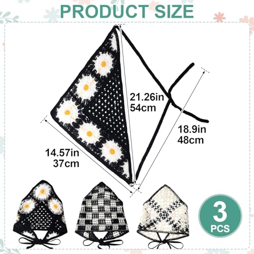 3 Pcs Daisy Crochet Bandana, Cute Bandanas for Women, Flowers Crochet Head Scarf, Floral Head Scarf for Women's hair Styling Decor (Black, White) - color: Black, White-Style2