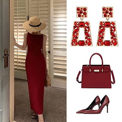 Rhinestone Rectangle Statement Earrings Colorful Crystal Geometric Drop Dangle Earrings for Women Prom Party - color: red