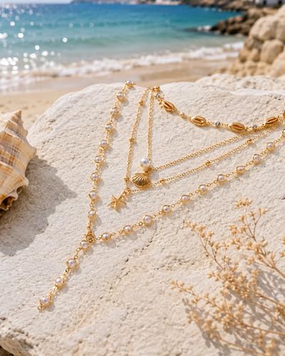 Layered Gold Flower Shell Pearl Necklaces for Women Long Pearl Y-Shaped Necklace Trendy Gold Flower Shell Pendant Necklace Dainty Pearls Choker Summer Jewelry Accessories Gift - color: A3:summer layered necklaces