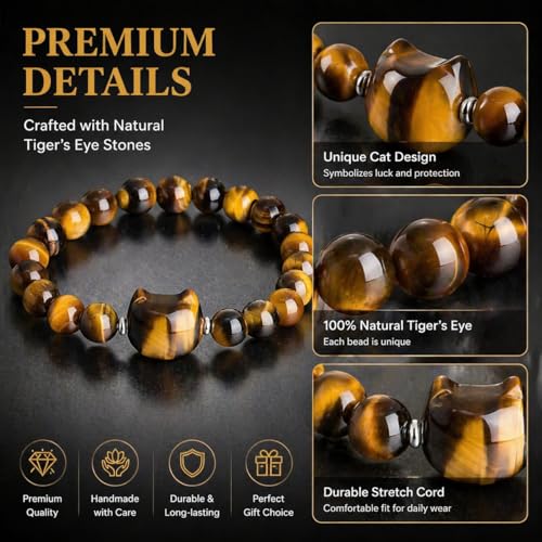 Beaded Bracelets for Women, Black Obsidian Money Attraction Bracelet, 8mm Healing Relax Anxiety Luck Crystal Bead Bracelets, Adjustable Jewelry Feng Shui Stretch Bracelet Cat Lover Gifts for Women Men - color: Tyger Eye Cat