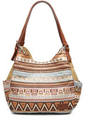Worldlyda Women Canvas Hobo Purse Multi Pocket Tote Shopper Shoulder Bag Casual Top Handle handbag with Embroidery Ethnic - color: Be06brown Pattern 1