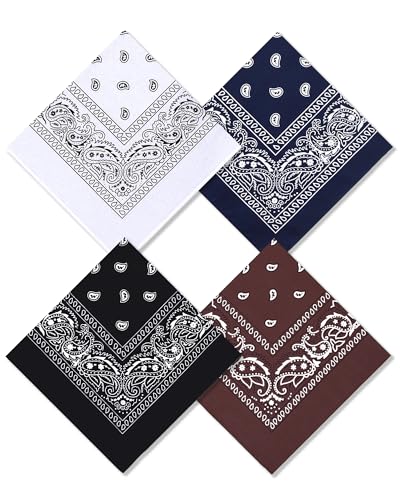 Bycc Bynn Large 27" x 27" 100% Cotton Bandanas - Set of 4 - color: White+brown+navy Blue+black