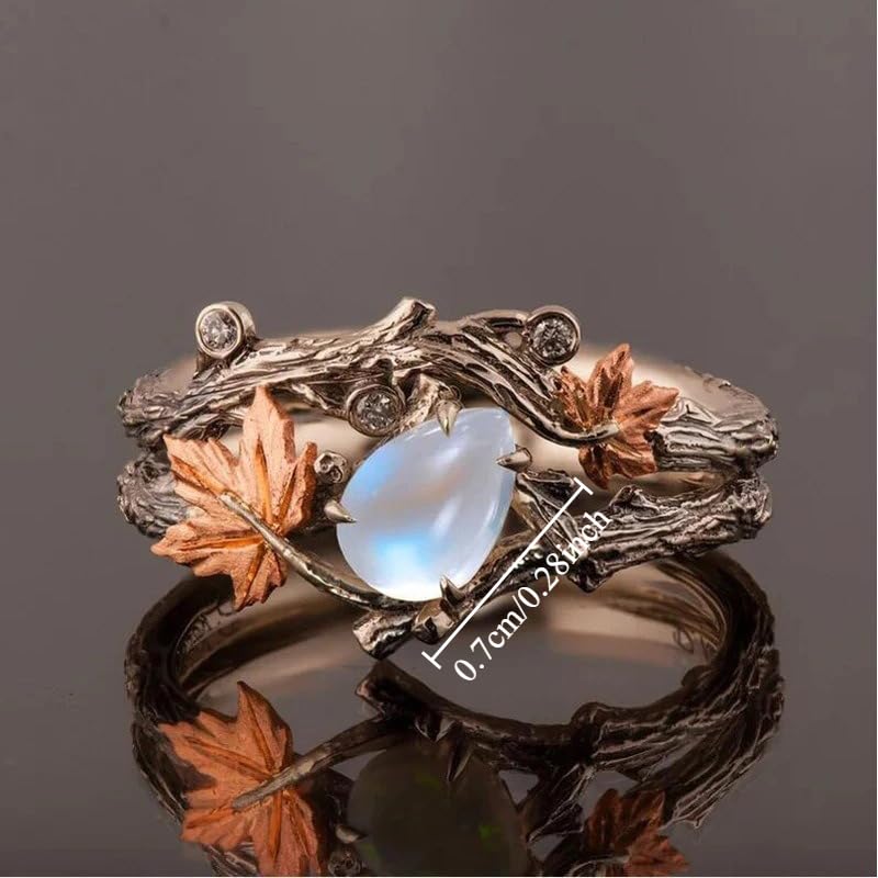 Retro Teardrop Synthetic Moonstone Maple Leaf Ring for Women Daily Banquet Vacation Unique Jewelry - color: Copper Brown