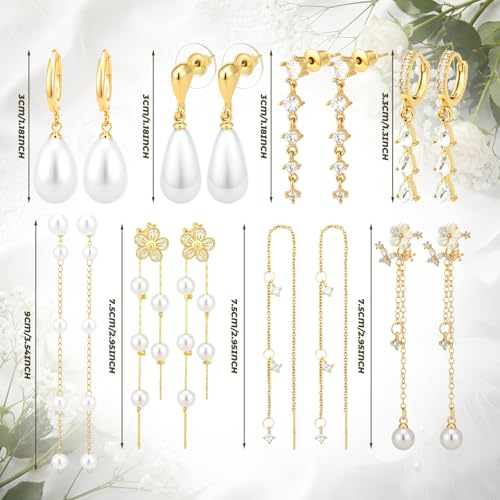 Nosiny 8 Pairs Gold Dangle Pearl Drop Earrings Set for Women Long Tassel Threader Chain Flower Sparkling Cz Threader Drop Earring Chain Wedding Bridal Earring Set for Women Trendy