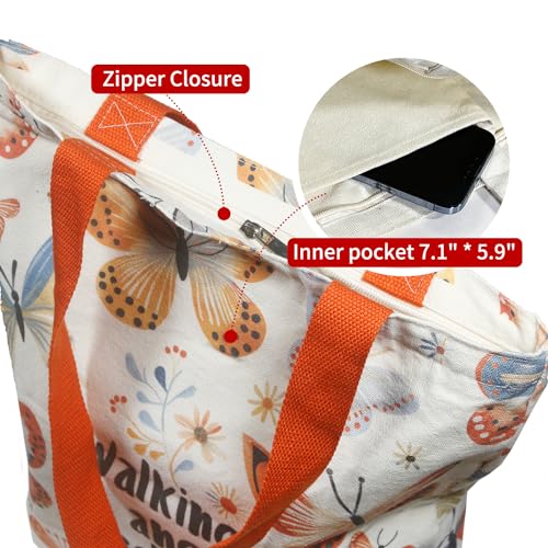 itgowisa Canvas Tote Bag for Women, Tote Bag with Zipper Inner Pocket, Zippered Canvas Bag for Shopping Work Grocery Everyday - style: Butterfly