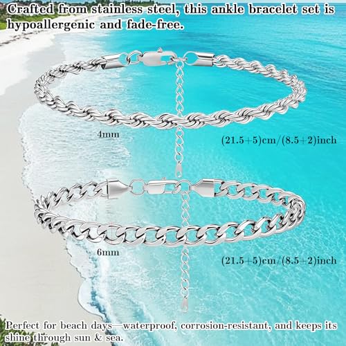 2PCS Ankle Bracelets for Women - Gold/Silver Plated Stainless Steel Anklets Set - Waterproof Layered Cuban Link Chain Anklet Bracelet Summer Beach Foot Jewelry Gifts for Women (Style 3-Silver)