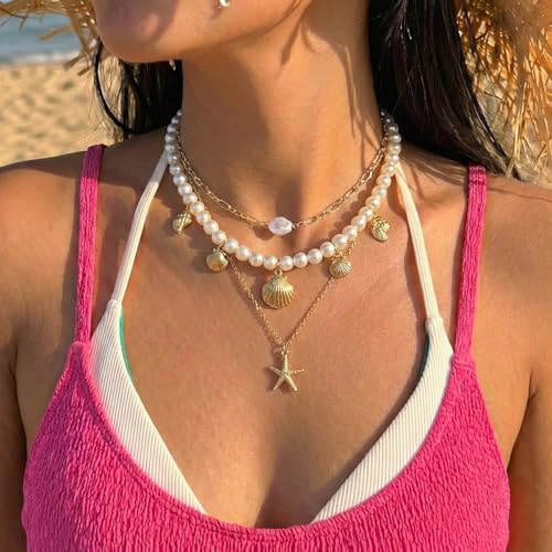 Boho Multi-layered Shell Starfish Necklace Layered Pearl Pendant Choker Necklace Fashionable Clavicle Chain Necklace Seaside Beach Vacation Jewelry for Women - color: Starfish2