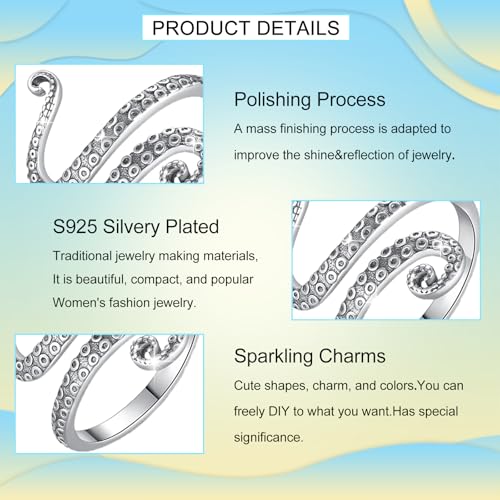 PARCOM Adjustable Women Stackable Ring, 925 Sterling Silver Open Rings - Trendy Eternity Cubic Zirconia Stackable Band Engagement Promise Ring for Her, Hypoallergenic Non Tarnish Nature Bird Floral Thumb Rings - color: Octopus Tentacle