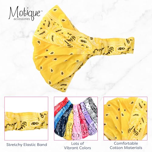 Motique Accessories Wide and Stretchy Cotton Bandana Headwrap, Multiple Colors (Yellow Paisley, Medium) - color: Yellow Paisley