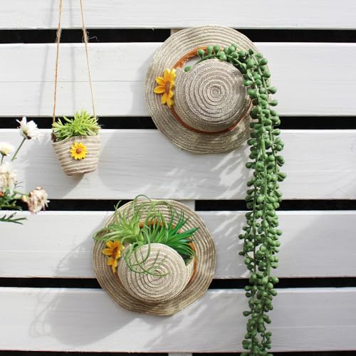 Resin Bag and Straw Hat Succulent Planter,Boho Straw Hat Wall Hanging Flower Pot,Garden Decorative Hanging Flower Pot with Drainage Hole,Plant Container Gift - color: Design-1