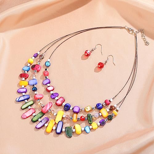 3 Layered Chunky Statement Necklace for Women Beaded Strand Necklaces with Earring Fashion Costumes Collar Necklace Jewelry Sets Gifts for Women - color: 50-Dark colorful