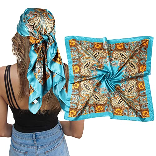 AWAYTR Satin Silk Scarf - Large Hair Bandana, Sleeping Wrap for Women - color: Paisley(blue)